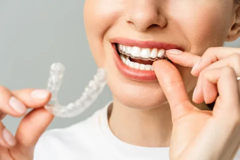 Invisible braces aligners used for orthodontic teeth correction by dentist