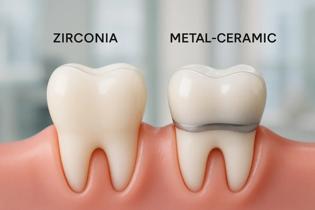 Close-up of a metal crown on a molar tooth in a dental model